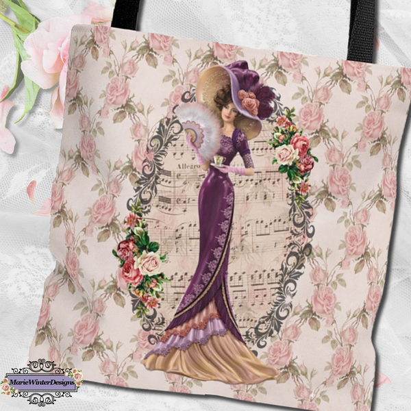 ote Bag Purse Book Bag With Elegant Early 1900s Vintage Hello Dolly Lady in a Burgundy Dress on pink roses, green leaves white background