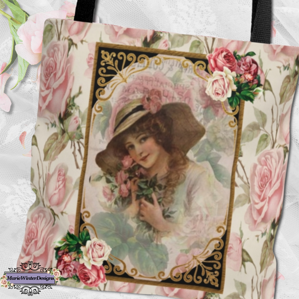 Tote Bag Purse Book Bag With  Early 1900s Vintage Woman in a Black and Gold Frame