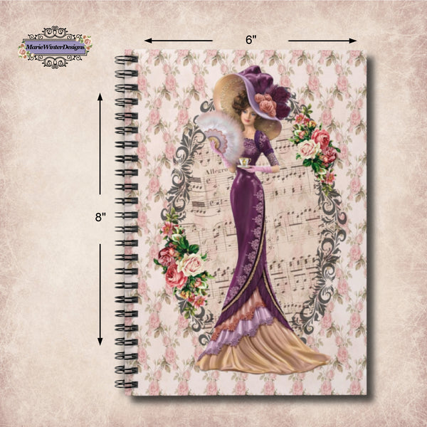 Measurements 6" x 8" of Spiral Bound Notebook Journal Lined Pages with Early 1900s Vintage Hello Dolly Lady in a Burgandy Dress and Large Hat on a Floral Background