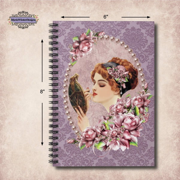 Measurements of Spiral Bound Notebook Journal With Elegant Early 1900s Vintage Harrison Fisher Illustration surrounded with lavender pearls, Accented With Purple Flowers on purple damask background