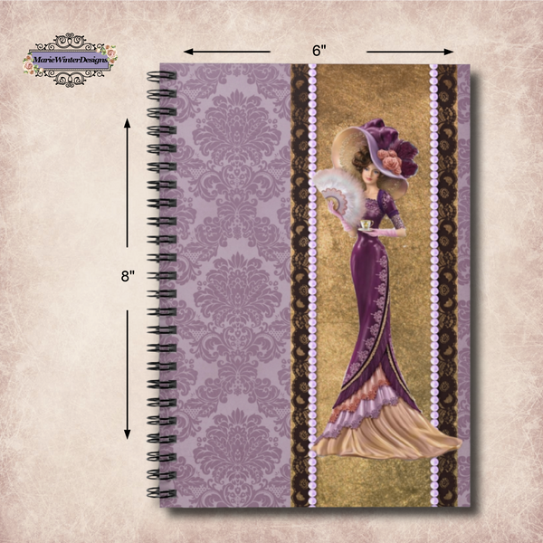 Journal Notebook Lined Pages With Elegant Early 1900s Vintage Woman with Large Hat On Purple Damash