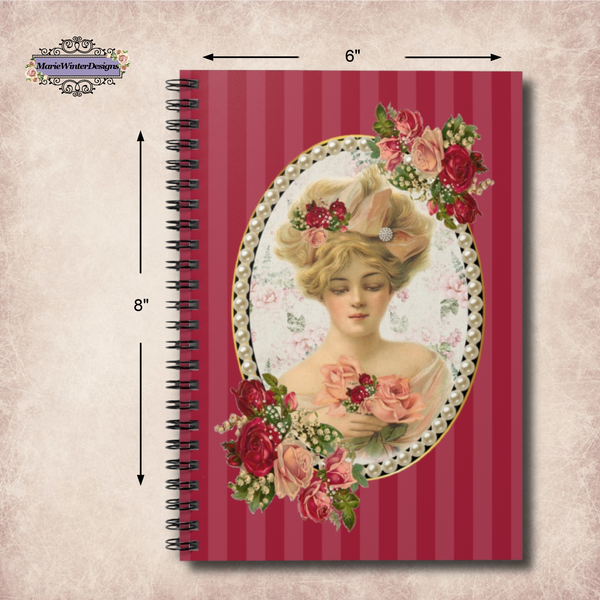 Journal Notebook Lined Pages With Elegant Early 1900s Vintage Woman  Surrounded with Pearls on Red Stripes