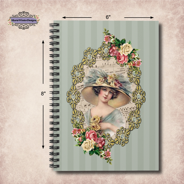 Measurements 6" x 8" of Spiral Bound Notebook Journal With Elegant Early 1900s Vintage Woman in a Large Hat Surrounded By gold filigrees accented with roses on Teal Stripes