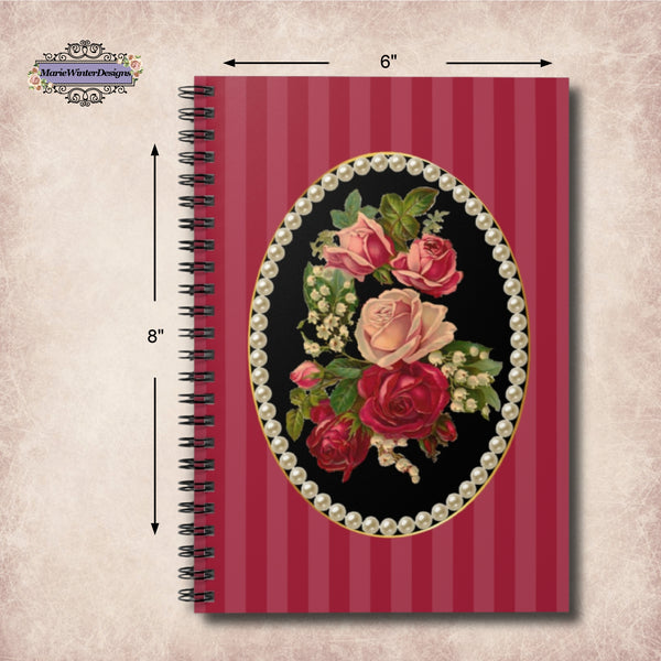 Softcover Notebook Spiralbound-Journals With Old Fashion-Designs Vintage-Victorian Aesthetic Cover Image Of Black Floral Cameo Log-Book