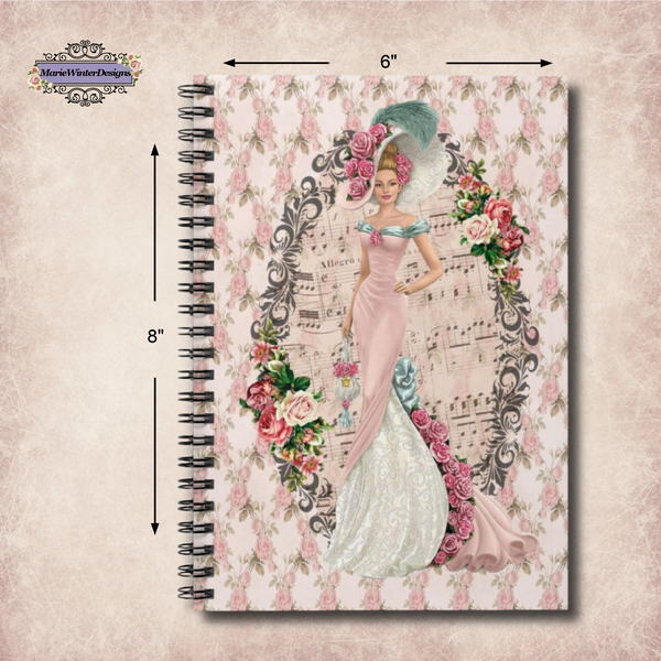 Measurements of Spiral Bound Notebook Journal with Early 1900s Vintage Hello Dolly Lady in a Pink Dress and Large Hat on Floral Background decorated with clusters of vintage flowers