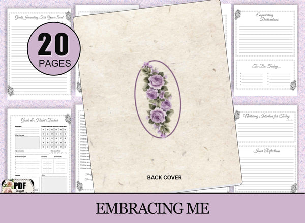 A digital preview of a printable journal or planner set titled 'EMBRACING ME' with a lavender background. The main item shown is the back cover of a beige paper-texture journal featuring a vertical oval design of purple flowers.