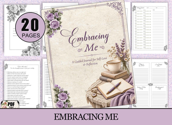 A digital preview collage for a guided journal titled "Embracing Me" with a lavender and beige vintage aesthetic. The main cover page shows the title in elegant script with floral corner decorations, a cup, books, and an open notebook.