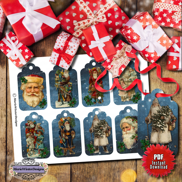 Printable Vintage Santa Christmas Gift Tags Father Christmas Gift Labels DIY Gift Tags Digital Collage Sheet Instant Download
