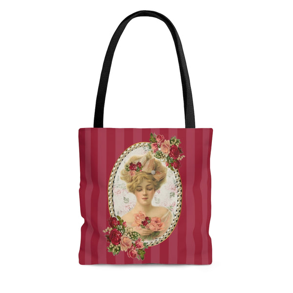 Tote Bag Purse and Book Bag  With Elegant Early 1900s Vintage Woman on Red Stripes