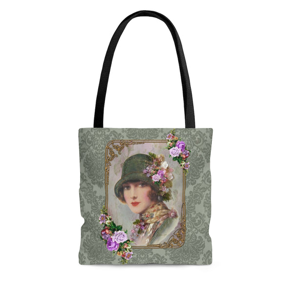Tote Bag Purse with lady wearing a  Green Flapper Style Gatsby Hat on green damask background agains  a floral backdrop with white vases and small purple flowers