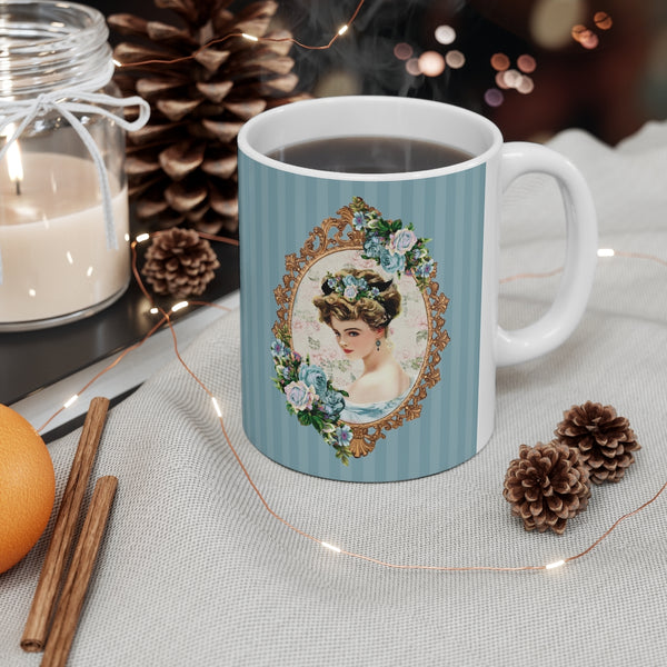 Ceramic Mug with With Elegant Early 1900s Vintage Harrison Fisher Illustration of Lady In Gold Frame On Blue Striped Background with white handle