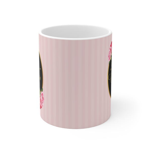 Side view of mug, rose stripes.