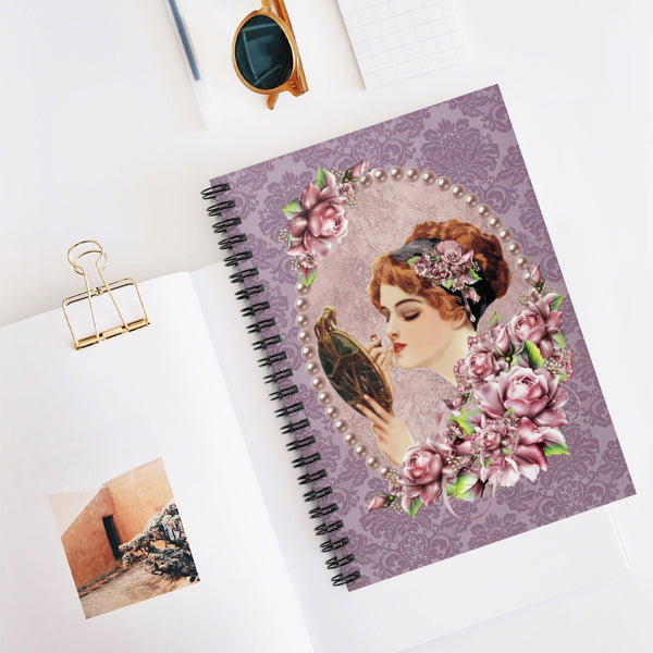 Spiral Bound Notebook Journal  With Elegant Early 1900s Vintage Harrison Fisher Illustration surrounded with lavender pearls, Accented With  Purple Flowers on purple damask background
