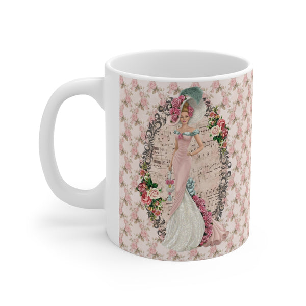 Ceramic Mug with With with Early 1900s Vintage Hello Dolly Lady in a Pink Dress and Large Hat Floral Background