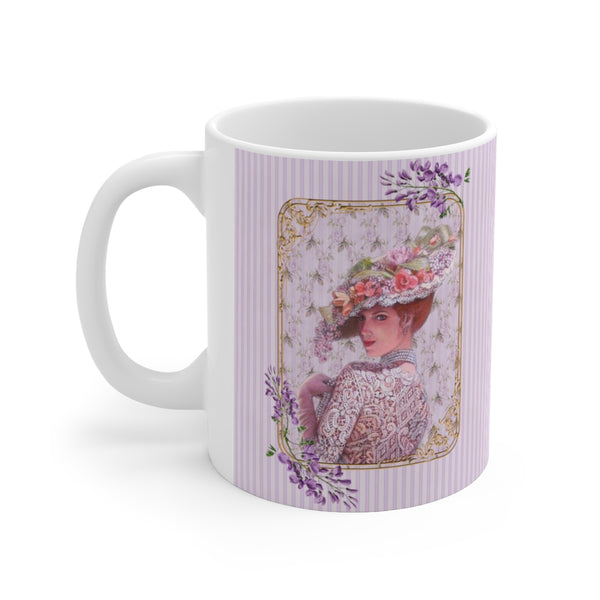 Ceramic Mug with Elegant Early 1900s Vintage Woman wearing  a Purple Lace Dress, Large Floral Hat Purple on Striped Background and White Handle