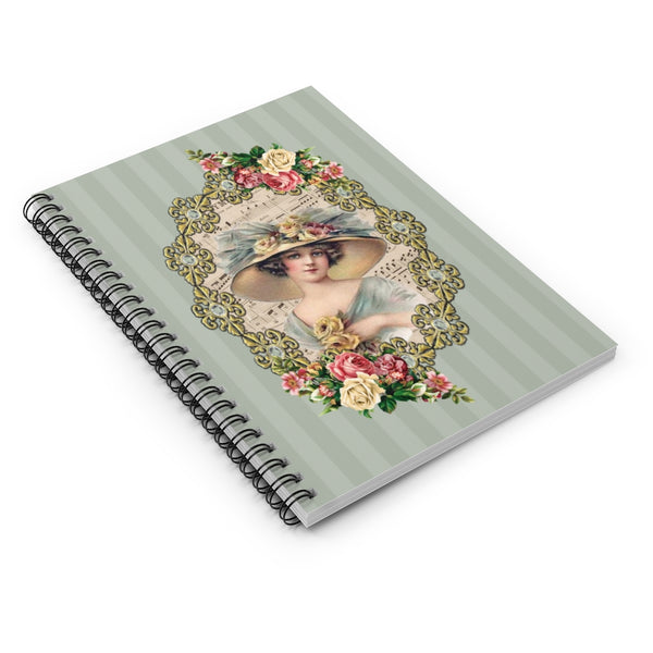 Spiral Bound Notebook Journal With Elegant Early 1900s Vintage Woman in a Large Hat Surrounded By gold filigrees accented with roses on Teal Stripes