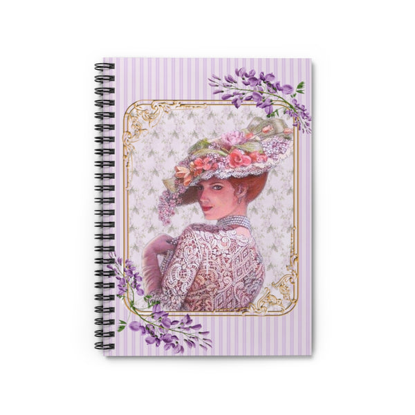 Spiral Bound Notebook with  with Elegant Early 1900s Vintage Woman Wearing a Lace Dress and Large Floral Hat