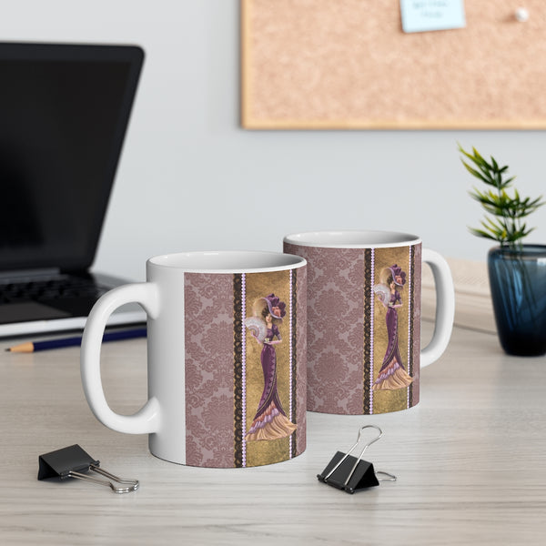 front and back view of Ceramic Mug With Elegant Early 1900s Vintage Woman Wearing a burgandy dress Large Hat on Gold stipe edged with black lace and lavender pearls On Purple Damask Background and White Handle