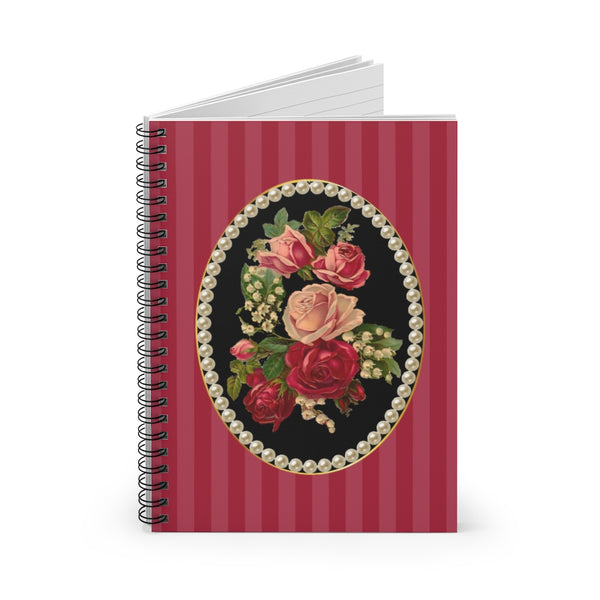 open Spiral Bound Notebook Journal Lined Pages With Elegant Vintage Floral Design Cameo with Pearls on Red Stripes