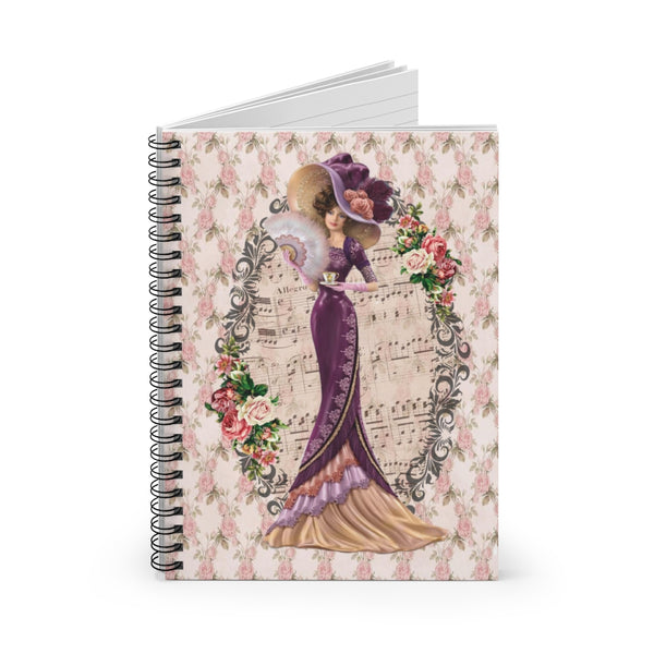 open Spiral Bound Notebook Journal Lined Pages with Early 1900s Vintage Hello Dolly Lady in a Burgandy Dress and Large Hat on a Floral Background