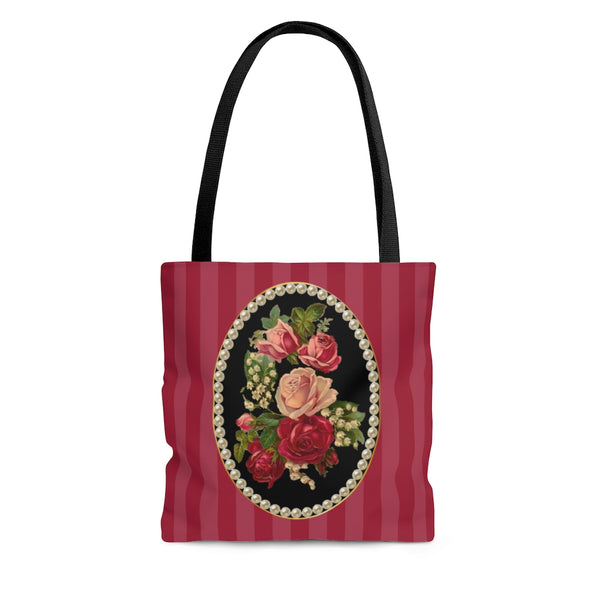 Tote Bag Purse and Book Bag With Vintage Roses Red Striped Background