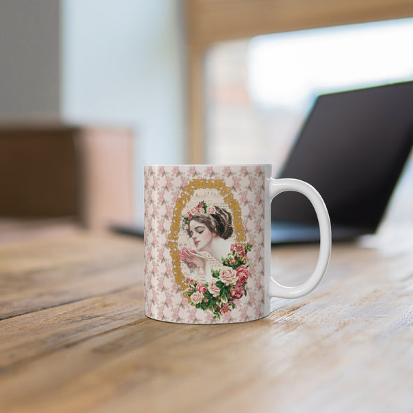 Ceramic Mug with With With  Early 1900s Vintage Harrison Fisher Illustration of Lady In Gold Frame accented with roses with white handle