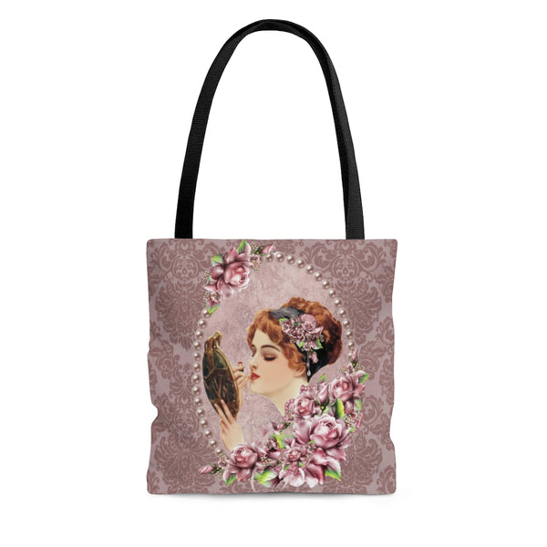 Tote Bag Purse With Elegant Early 1900s Vintage Harrison Fisher Illustration surrounded by lavender pearls, purple flowers on purple damask background