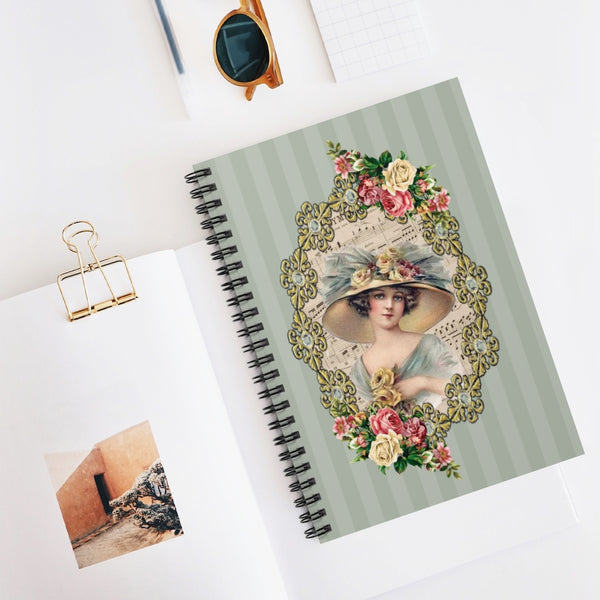 Spiral Bound Notebook Journal With Elegant Early 1900s Vintage Woman in a Large Hat Surrounded By gold filigrees accented with roses on Teal Stripes