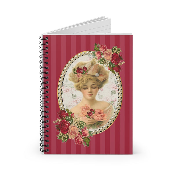 open Spiral Bound Notebook Journal With Elegant Vintage Floral Design Cameo with Pearls on Red Stripes