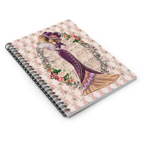 Spiral Bound Notebook Journal Lined Pages with Early 1900s Vintage Hello Dolly Lady in a Burgandy Dress and Large Hat on a Floral Background