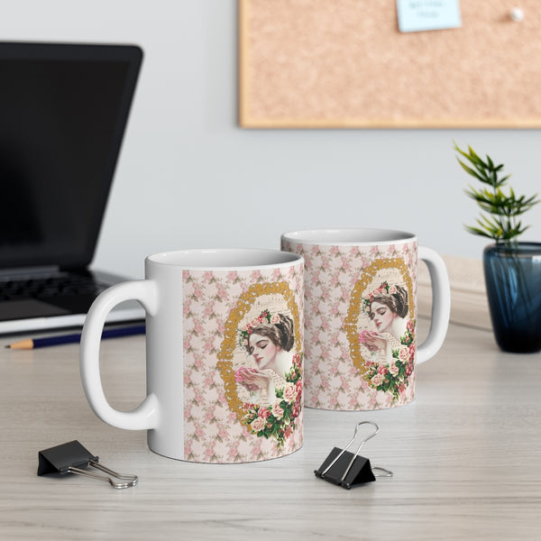 front and back view of Ceramic Mug with With With  Early 1900s Vintage Harrison Fisher Illustration of Lady In Gold Frame accented with roses with white handle