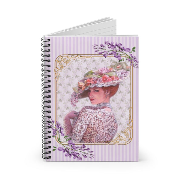 open Spiral Bound Notebook with  with Elegant Early 1900s Vintage Woman Wearing a Lace Dress and Large Floral Hat