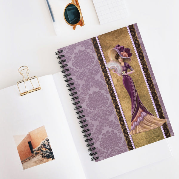 Spiral Bound Notebook Journal  With Elegant Early 1900s Vintage Woman Wearing a burgandy dress over gold ribbon edged with black lace and lavender pearls and Large Hat On Purple Damask Background