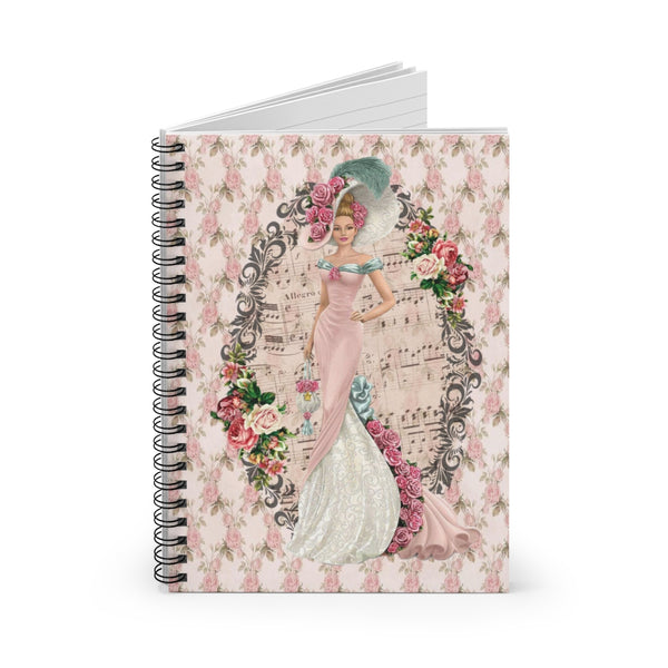 open Spiral Bound Notebook Journal  with Early 1900s Vintage Hello Dolly Lady in a Pink Dress and Large Hat on Floral Background decorated with clusters of vintage flowers