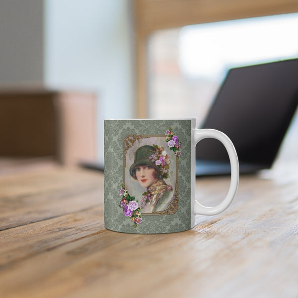 Ceramic Mug With Elegant  1920s Vintage Woman in Green Flapper Style Gatsby Hat with purple flowers on green damask background with white handle 