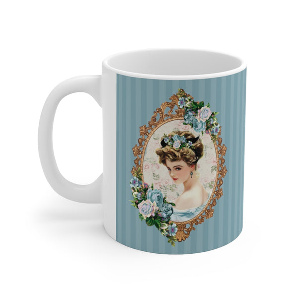 Ceramic Mug with With Elegant Early 1900s Vintage Harrison Fisher Illustration of Lady In Gold Frame On Blue Striped Background with white handle