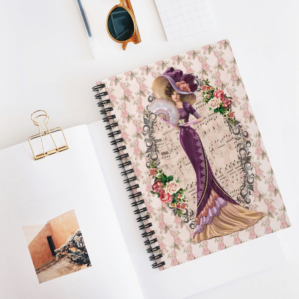 Spiral Bound Notebook Journal Lined Pages with Early 1900s Vintage Hello Dolly Lady in a Burgandy Dress and Large Hat on a Floral Background