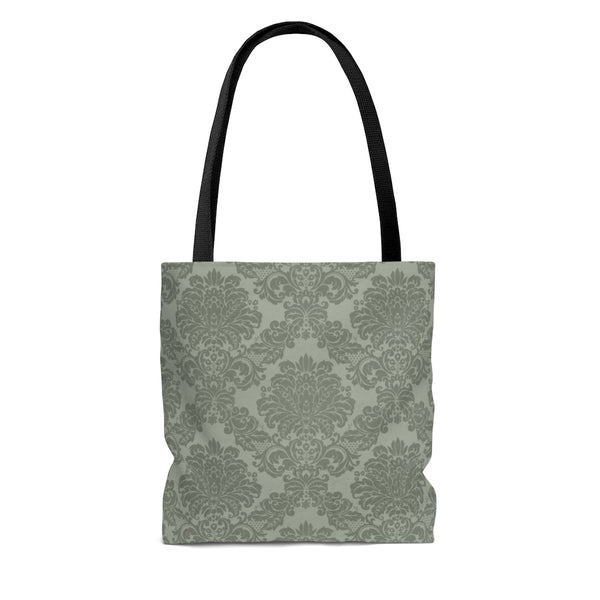 tote bag with green damask fabric and black handles