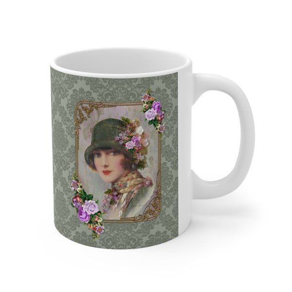 Ceramic Mug With Elegant  1920s Vintage Woman in Green Flapper Style Gatsby Hat with purple flowers on green damask background with white handle 