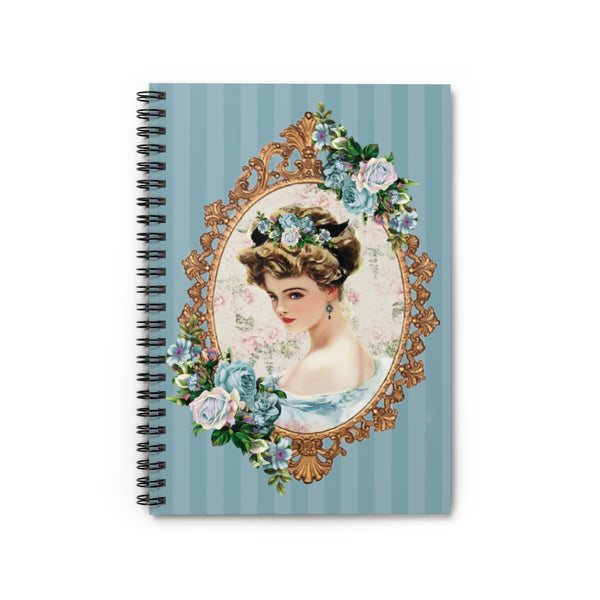 Spiral Bound Notebook Journal With  Early 1900s Vintage Harrison Fisher Illustration of Lady In Gold Frame Accented With Roses