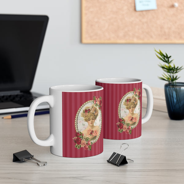 front and back view of Ceramic Mug With Elegant Early 1900s Vintage Woman Surrounded with Pearls on Red Stripes with White Handle