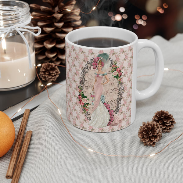 Ceramic Mug with With with Early 1900s Vintage Hello Dolly Lady in a Pink Dress and Large Hat Floral Background