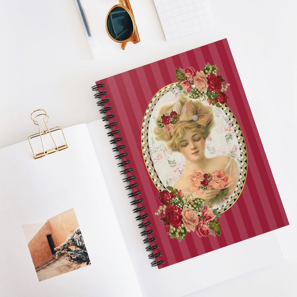 Spiral Bound Notebook Journal With Elegant Vintage Floral Design Cameo with Pearls on Red Stripes