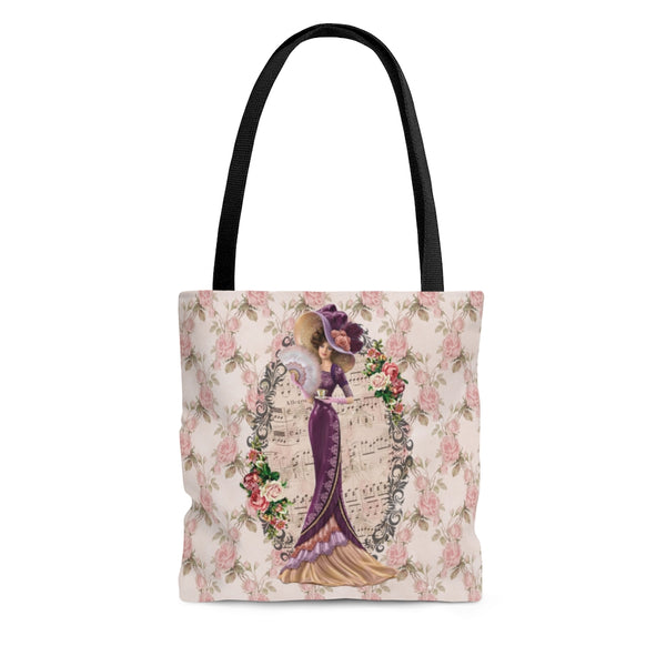 Tote Bag Purse Book Bag With Elegant Early 1900s Vintage Hello Dolly Lady in a Burgandy Dress on pink roses, green leaves white background