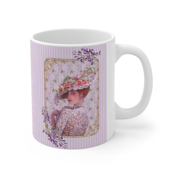 Ceramic Mug with Elegant Early 1900s Vintage Woman wearing  a Purple Lace Dress, Large Floral Hat Purple on Striped Background and White Handle