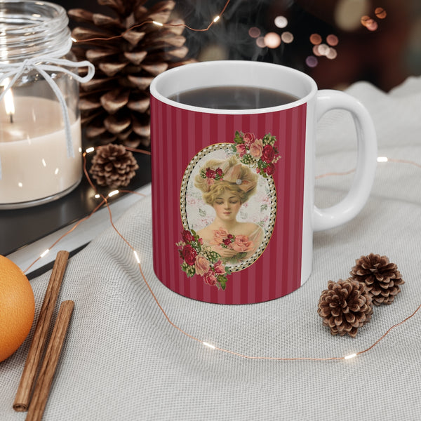 Ceramic Mug With Elegant Early 1900s Vintage Woman Surrounded with Pearls on Red Stripes with White Handle