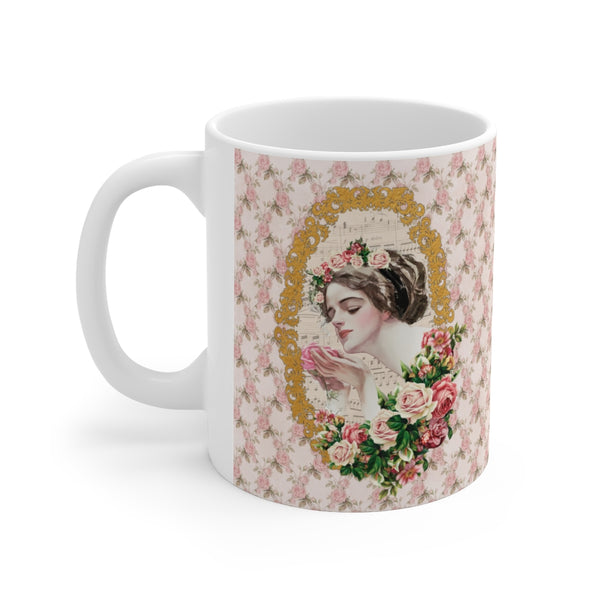 Ceramic Mug with With With  Early 1900s Vintage Harrison Fisher Illustration of Lady In Gold Frame accented with roses with white handle