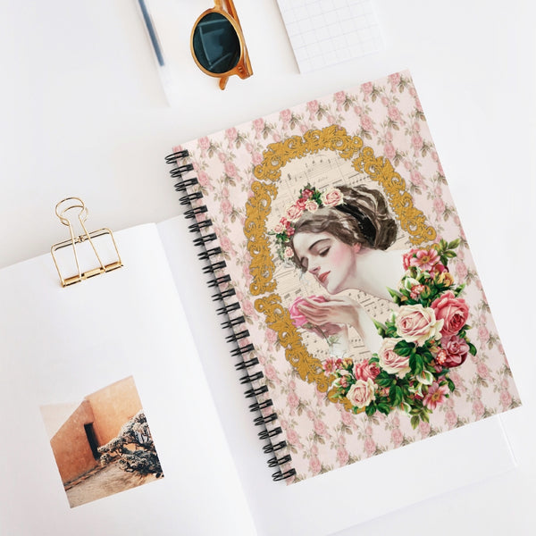 Spiral Bound Notebook Journal  With  Early 1900s Vintage Harrison Fisher Illustration of Lady In Gold Frame accented with roses
