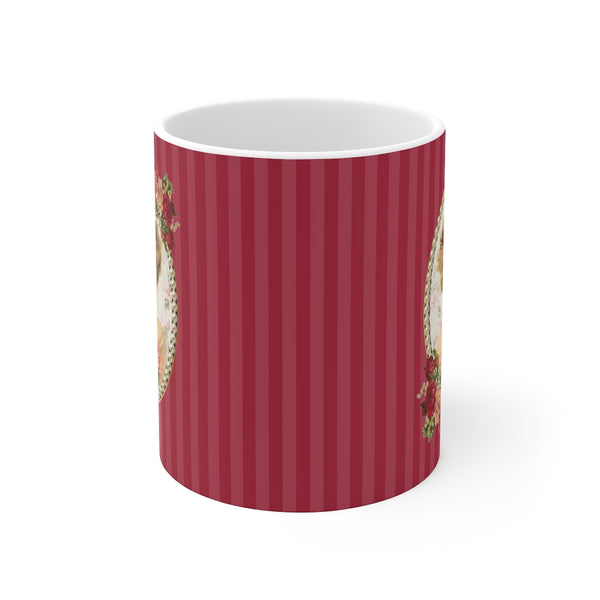 side view of mug with red stripes