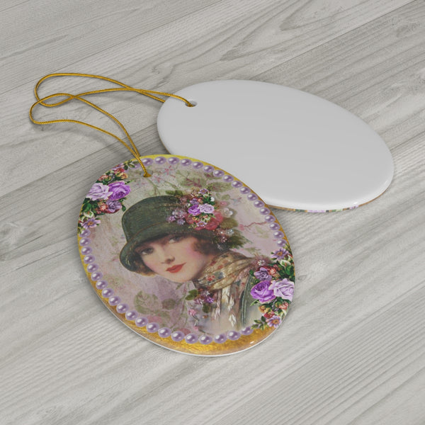 front and back of Ceramic Ornament With Elegant Early 1900s Vintage Woman in Green Flapper Style Gatsby Hat surrounded by purple pearls on gold background